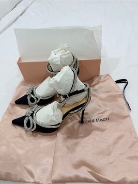 MACH & MACH Black Satin Pointed Crystal Bow Ankle-Strap Heels